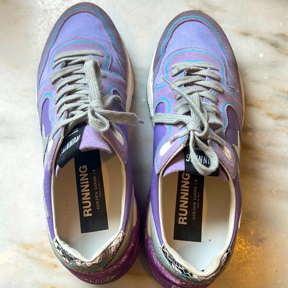 Golden Goose Lavender Running Sole sneakers with glittery sole and silver star